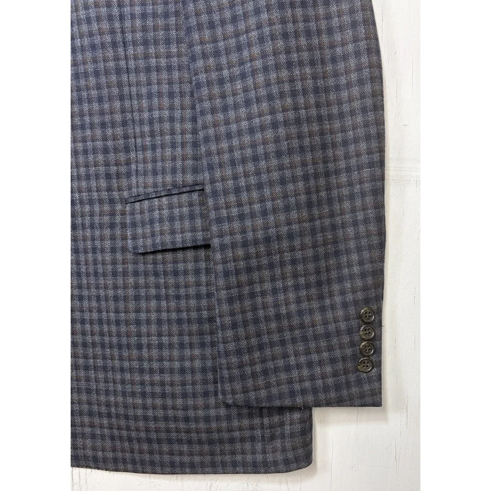 Mens Hart Schaffner Marx Sport Coat Jacket Size 48L Plaid Blue Brown USA Made